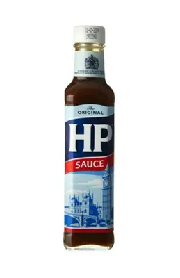 A bottle of HP Sauce against a white background.