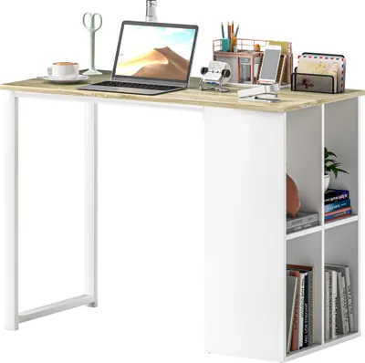 Produktbild von Kompakter Computertisch, Moderner Schreibtisch mit Stauraum-Fächern, für kleine Räume, 100 x 54 x 75 cm, Weiß