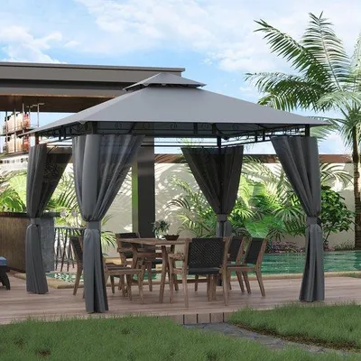 Image de Tente de jardin imperméable 3 x 3 m - Pavillon de piscine de luxe pour 4 à 6 personnes - Abri de jardin en acier inoxydable avec parasol gris-jaune.