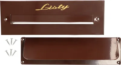 A brown mail slot and a brown mail catcher are shown against a white background.