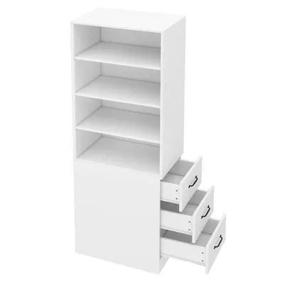 Produktbild von Flieks Bücherregal mit Schubladen und offenen Fächern, Hochschrank Badezimmerschrank Kücheschrank mit Verstellbare Böden, 60x38x180cm, weiß