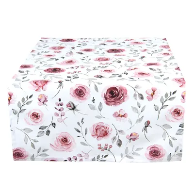 Produktbild von Clayre & Eef Tischläufer 50x140 cm Weiß Rosa Baumwolle Rosen