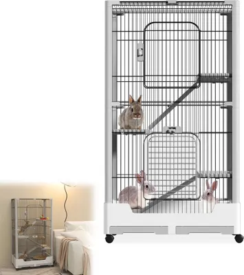 Produktbild von UISEBRT Grauer 2-Ebenen Kaninchenstall, Kleintierkäfig für Meerschweinchen und Hasen, mit Sicherheitsverschlüssen und Abnehmbarem Boden, 73 x 50 x 113 cm