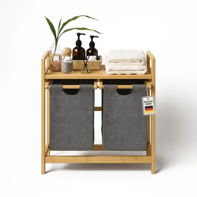 Image de Roxlin Panier à linge en bambou avec 2 compartiments 100L - Double collecteur de linge de 50L avec sacs en tissu amovibles, cadre en bambou stable avec surface de rangement