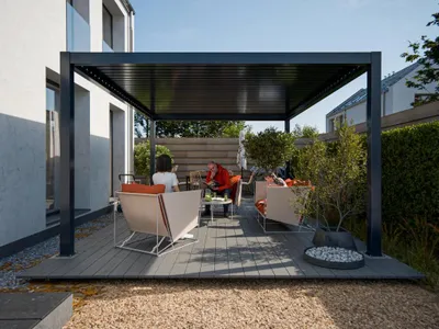 Produktbild von Outgarden Anthrazit 3x3 Meter Pergola, Elektrisch Verstellbare Aluminium Pergola Mit Schiebedach, Wasserdicht UV Beständig, Moderner Terrassenschutz
