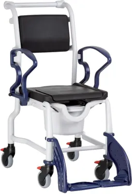 Produktbild von FabaCare Dusch- Toilettenrollstuhl Bremen, Premium Toilettenstuhl, Duschstuhl fahrbar, Rollstuhl mit WC Eimer, Grau-Blau