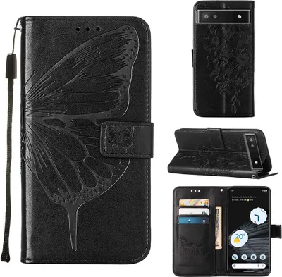 Produktbild von Google Pixel 7 Hülle, Schmetterling Prägung Flip Leder Kartenfächer Schutzhülle Ledertasche mit Ständer für Google Pixel 7 Schwarz