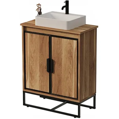Image de Meuble sous-lavabo de salle de bains, 2 portes, style loft, brun clair, étagère, 80 cm