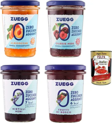 Produktbild von Testpaket Zuegg zero zuccheri marmelade jam Zuckerfrei 4x 220g + Italian Gourmet Polpa 400g