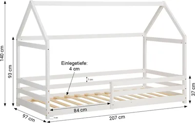 Produktbild von Homestyle4u Kinderbett 90x200 mit Lattenrost mit Rausfallschutz Hausbett Weiß Bodenbett