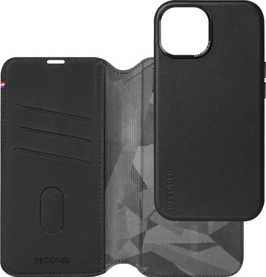 A black iPhone case with a wallet flap is shown, open to reveal card slots and a patterned interior.