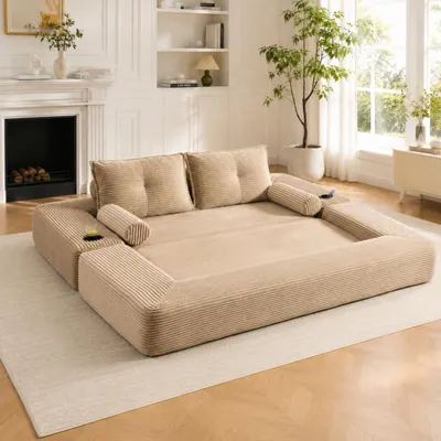 Produktbild von okwish Zweisitzer Wohnzimmersofa mit Getränkehalter und Taschen, Klappsofa mit Zierkissen, Schlafsofa,für kleine Wohnungen,khaki