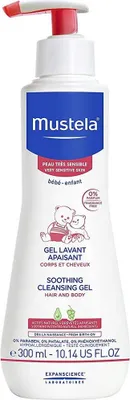 A product shot of a bottle of Mustela baby cleansing gel.