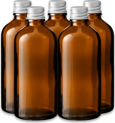 Produktbild von 5x Glasflasche braun 100 ml mit silbernem Aluminium Schraubverschluss