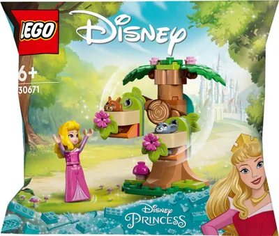 The image shows the packaging for a Lego Disney Princess Aurora's Forest Playground set, featuring the character Aurora, a small treehouse structure with animal figures, and the Disney Princess logo.