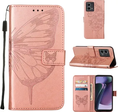 Produktbild von Lederhülle für Motorola Moto G Stylus 5G (2023) Schmetterling Prägung Flip Ledertasche Kartenfächer Handyhülle mit Ständer Pink