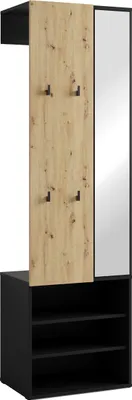 A compact wardrobe with a mirror, coat hooks, and shoe shelves.