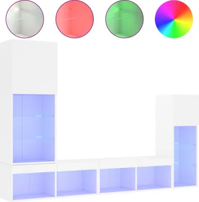 A white modular living room furniture set with integrated LED lighting, shown with various color options displayed above.