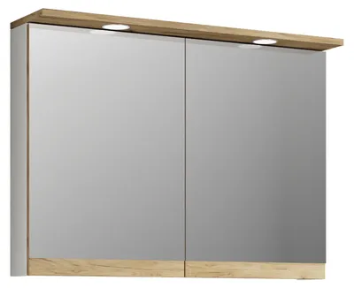 Image de Armoire de salle de bain avec miroir, éclairage et prise électrique – Armoire de salle de bain avec miroir à 2 portes et 2 compartiments – Armoire de salle de bain murale – H. 59 x L. 80 x P. 23 cm, Cosila