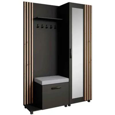 Produktbild von Garderoben-Set LIVIA Links Schwarz – Garderobenschrank mit Spiegel, Schuhschrank mit grauem Sitzkissen, Lamellen in Eiche Artisan, Hochschrank