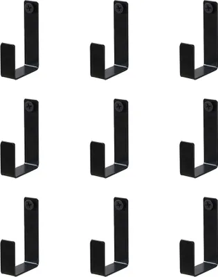 Nine black metal J-shaped hooks, each with a single screw hole at the top, arranged in a 3x3 grid against a white background.