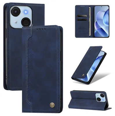 Image de Étui pour téléphone itel A50C, en cuir synthétique, type portefeuille rabattable, avec compartiments pour cartes et support intégré. Couleur : bleu foncé