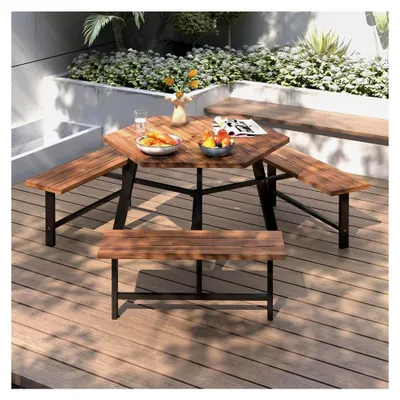 Produktbild von Picknicktischset für 6 Personen, Gartentisch aus Akazienholz mit Schirmloch und 3 Bänken, Terrassenmöbel