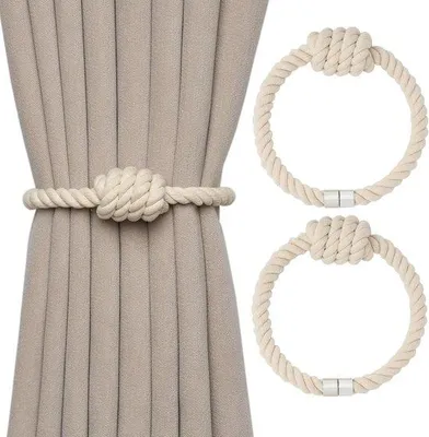Produktbild von Unyqoos® 2er-Set magnetische Gardinenhalter aus Baumwolle, handgewebt im Boho-Knoten-Design, dekorative Vorhangbinder beige – für Zuhause & Büro