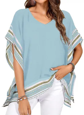 Produktbild von TUUHAW Top Damen Sommer Boho Oberteil V-Ausschnitt Kurzarm Himmelblau M