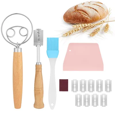 Produktbild von Bäckermesser - 4er Set mit 10 Ersatzklingen - zum Einschneiden von Brot - Edelstahl und Holz