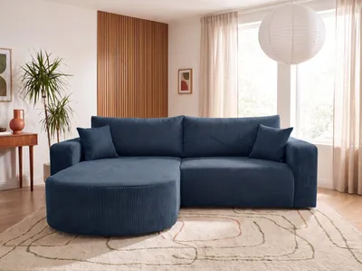 Produktbild von Ecksofa mit Schlaffunktion & Bettkasten TOKIO MINI, Dunkelblau Cordstoff