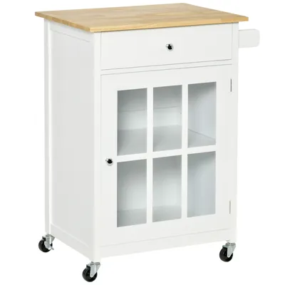 Produktbild von HOMCOM Küchenwagen Küchenrollwagen Servierwagen mit Räder Schublade Weinablage MDF Gummiholz Weiß+Eiche 67 x 48 x 86,5 cm