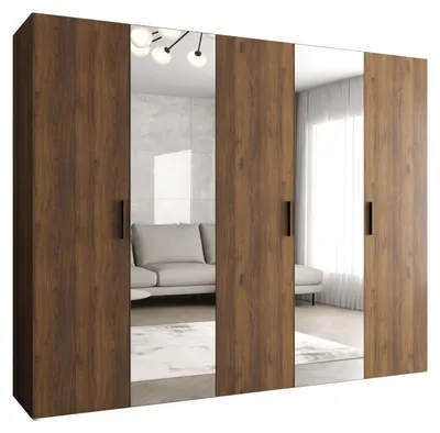 Produktbild von MEBLE KRYSPOL Schrank 250x202x52 cm mit Kleiderstange & Spiegel, 5xTür, BARI, Warmia-Nuss, Griff Schwarz