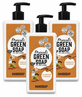 Imagen del producto de 3 unidades de jabón líquido para manos "Marcel's Green Soap" con aroma a sándalo y cardamomo - 500 ml - Paquete económico - 3 unidades