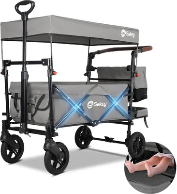 Produktbild von Sekey Bollerwagen Faltbar mit Dach und Sitz, Bollerwagen für 2 Kinder, mit 3-Punkt Gurtsystem, Grau