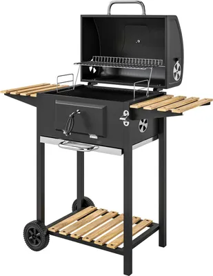 Produktbild von Holzkohlegrill aus Edelstahl fahrbar Grillwagen mit Deckel Thermometer Grillrost Räder Griff verstellbar Kohlewanne, Kohlegrillwagen mit Holzablage BBQ Smoker für Camping Garten 112x58x107cm |
