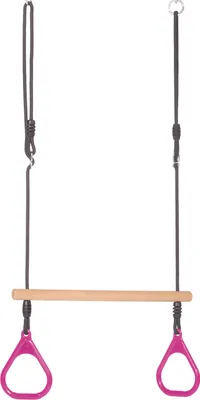 A pair of gymnastic rings with a wooden bar, suspended by ropes, against a white background.
