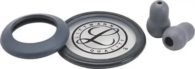 A set of Littmann stethoscope replacement parts, including ear tips, a rim, and a diaphragm with the Littmann logo.