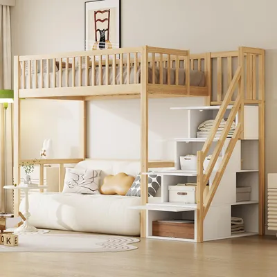 Immagine prodotto di MODFU letto a soppalco 90x200 con scala di sicurezza, letto per ragazzi senza materasso, letto in legno di pino massiccio, colore legno