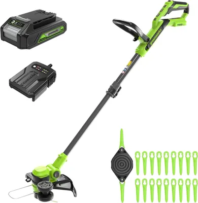 Produktbild von Greenworks 24V Akku-Rasentrimmer 30 cm Schnittbreite, 90° drehbar, inkl. Fadenspule & 20 Kunststoffklingen, 2.0 Ah Akku + Ladegerät, grün