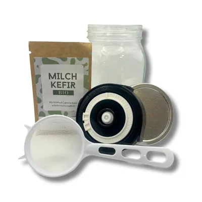 Produktbild von Milchkefir Starter Set – mit Glas, Fermentationsdeckel & feinem Sieb 1 Stück