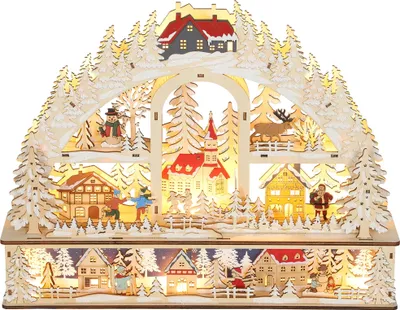 Produktbild von Weihnachtsdorf mit LED-Leuchtung, 45 cm Weihnachtsstadt mit Schneemann, Renntier und Bäume Naturholz