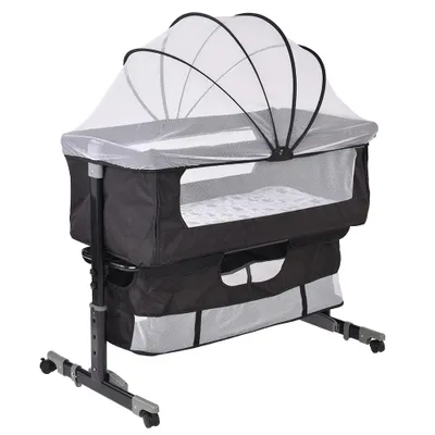 Produktbild von Beistellbett Babywiege mit Matratze Moskitonetz und Rädern 4-stufig Höhenverstellbares Babybett Schwarz