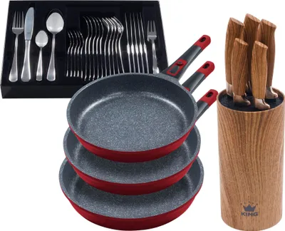 Produktbild von 5tlg. Profi-Bratpfannenset »Moonscape 3er« ROT Bratpfannen flach (Ø20cm Ø24cm Ø28cm) + 6tlg. Messerblockset + 31tlg. Besteck