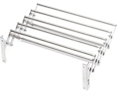 Image de Séchoir à linge et porte-serviettes pliable - Fixation murale - 5 barres - Réglable de 42 à 80 cm (L), de 12,5 à 35 cm (l) - Acier inoxydable - Argent