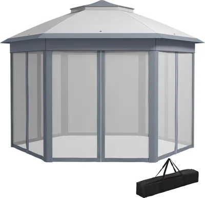 Produktbild von Gartenpavillon Faltpavillon 4 x 4 m Pop-Up-Zelt Partyzelt inkl. Tragetasche 6 Seitenteile Doppeldach sechseckig Grau