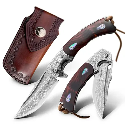 Produktbild von HARAHU MI-26671 Damast Jagd-Klappmesser - Dunkelbraun KP26671
