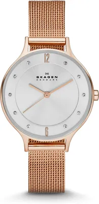 Produktbild von Skagen Anita Lille Uhr für Damen, Quarzwerk mit Edelstahl- oder Lederarmband, Roségoldton und Weiß, 30MM