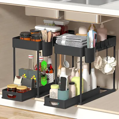 Immagine prodotto di TRANKIELO® - 2 organizer da posizionare sotto il lavandino - organizer multifunzionale con 10 ganci - colore nero - ideale per bagno e cucina