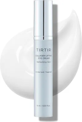 A TIRTIR Collagen Lifting Eye Cream product displayed against a white background with a swirl of cream.